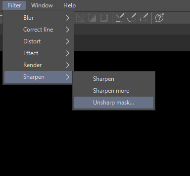 image of Filter > Sharpen > Unsharp mask, up in the options bar, next to Window and Help