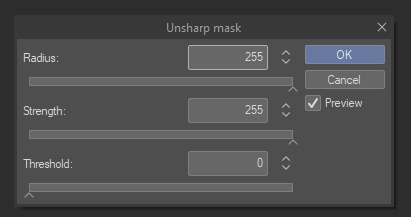 image of the Unsharp mask menu, options with 